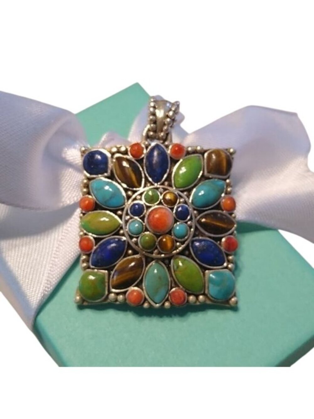 Multi-Stone Blossom Pendant 925 Lapis Lazuli, Coral, Turquoise, Tiger's Eye